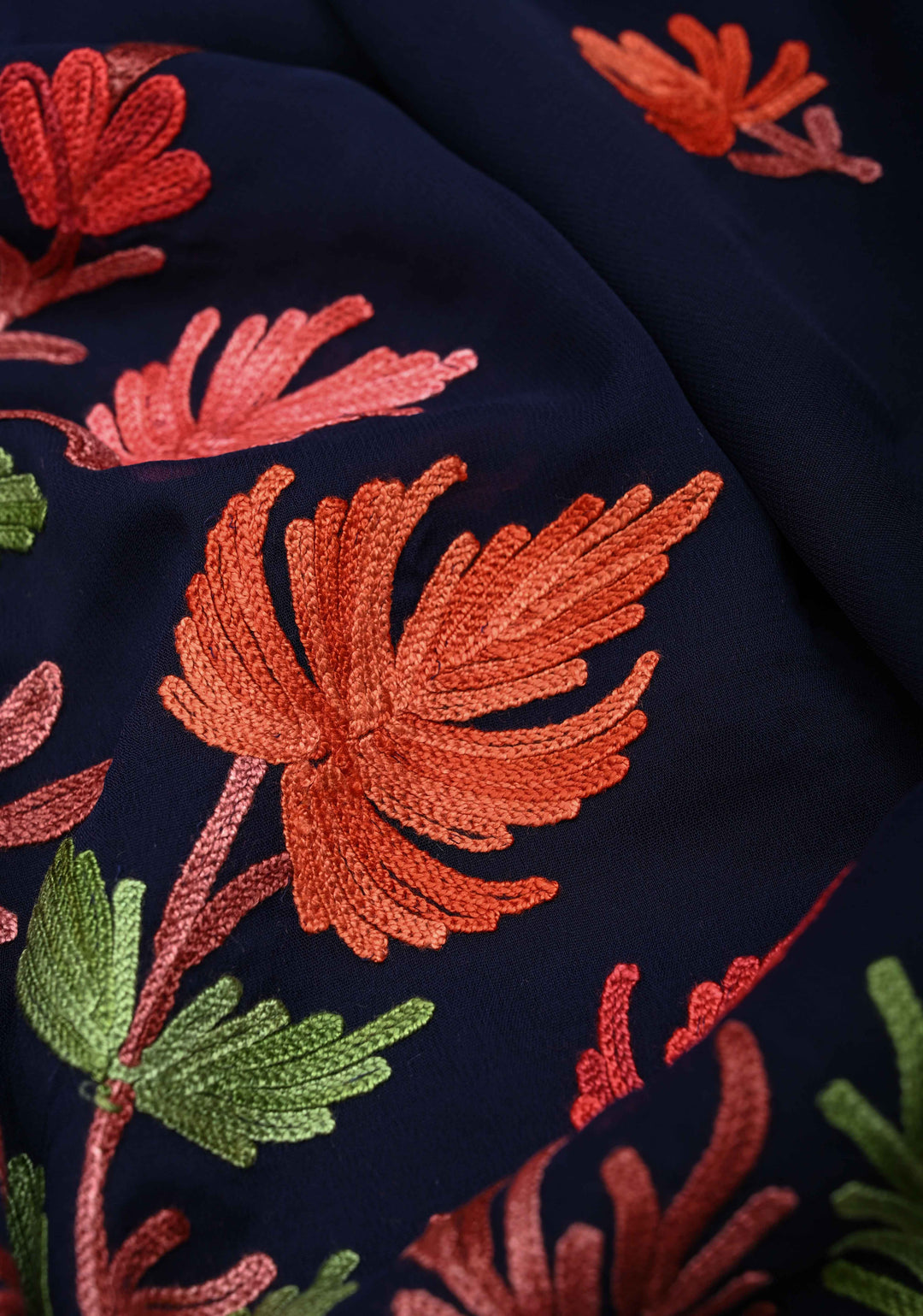 Midnight Blue Kashmiri Aari Georgette Saree with Floral Embroidery