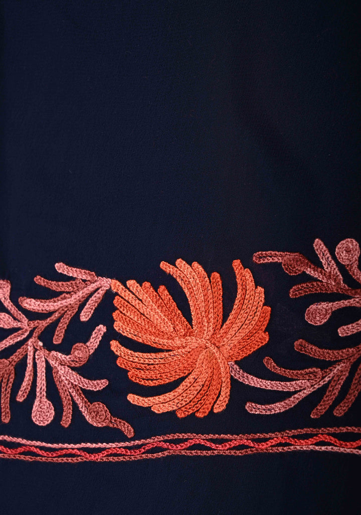 Midnight Blue Kashmiri Aari Georgette Saree with Floral Embroidery