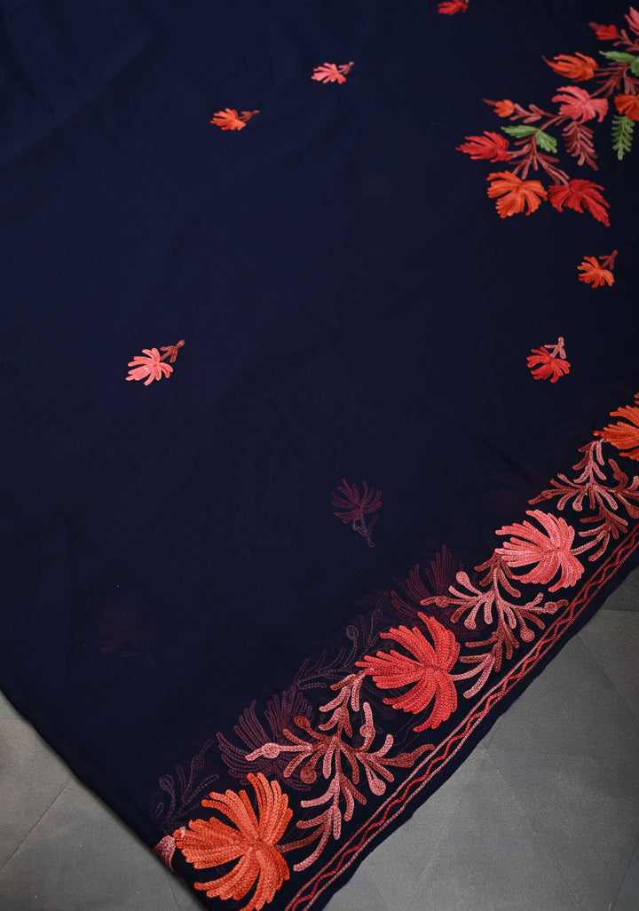 Midnight Blue Kashmiri Aari Georgette Saree with Floral Embroidery
