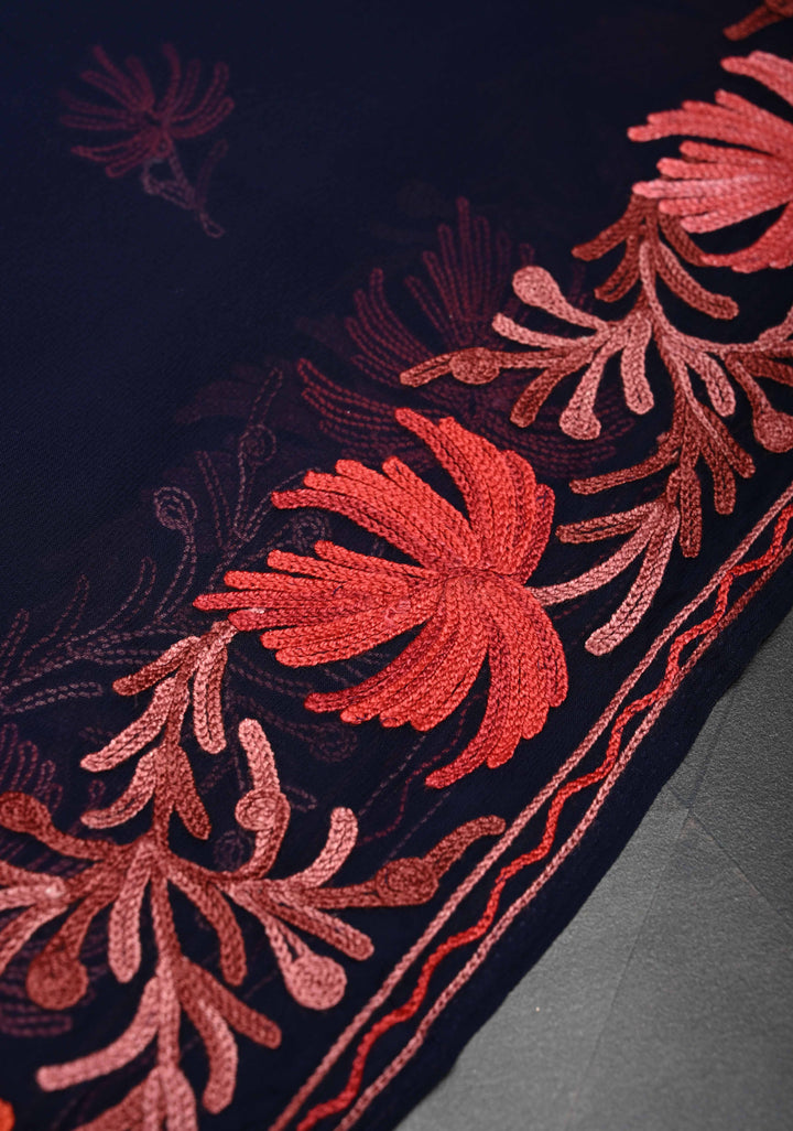 Midnight Blue Kashmiri Aari Georgette Saree with Floral Embroidery