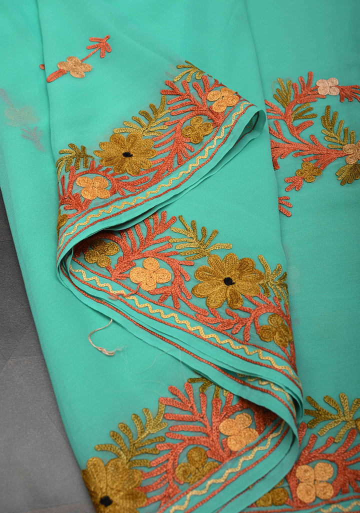 Spring green Kashmiri Aari Georgette Saree with Floral Embroidery