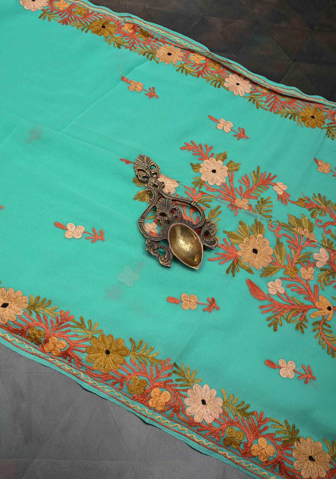 Spring green Kashmiri Aari Georgette Saree with Floral Embroidery