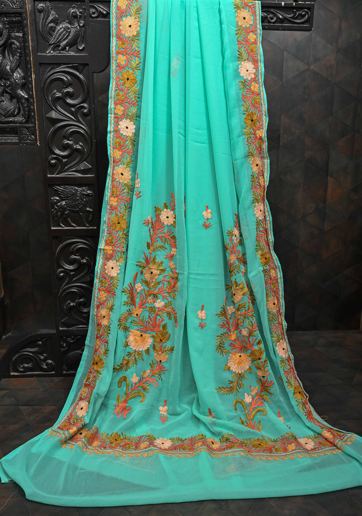 Spring green Kashmiri Aari Georgette Saree with Floral Embroidery