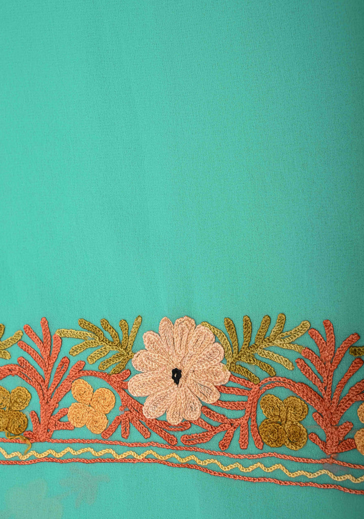 Spring green Kashmiri Aari Georgette Saree with Floral Embroidery