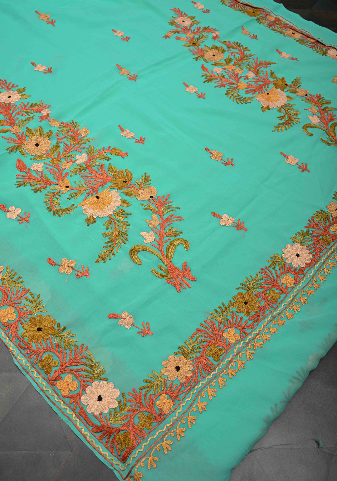 Spring green Kashmiri Aari Georgette Saree with Floral Embroidery