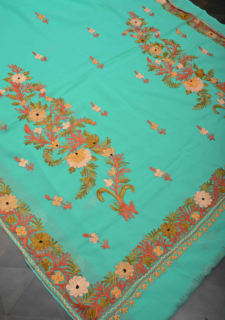 Spring green Kashmiri Aari Georgette Saree with Floral Embroidery