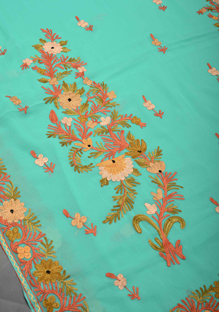 Spring green Kashmiri Aari Georgette Saree with Floral Embroidery