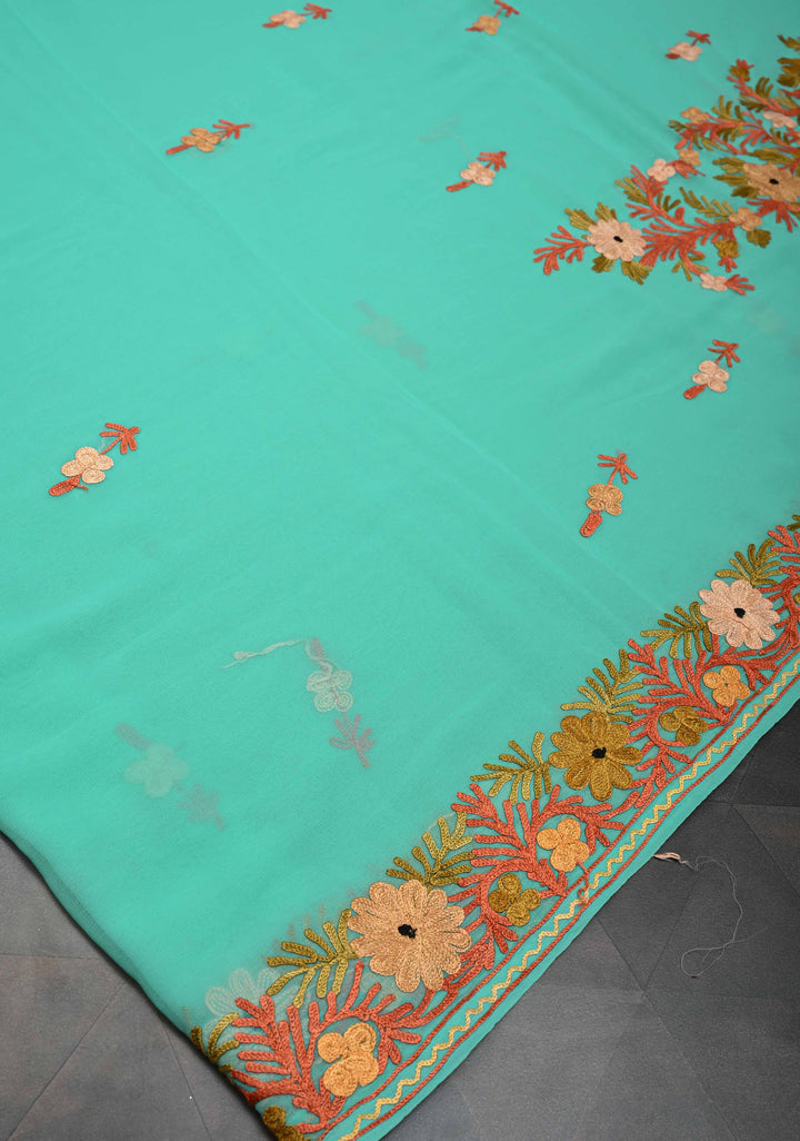 Spring green Kashmiri Aari Georgette Saree with Floral Embroidery