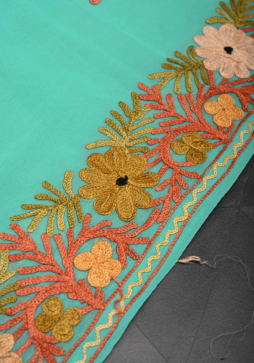 Spring green Kashmiri Aari Georgette Saree with Floral Embroidery