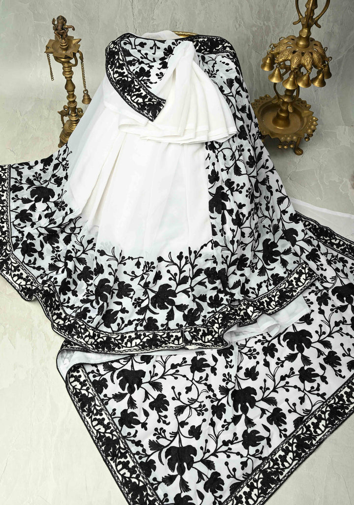 Half Jaal Kashmiri Aari  Floral Embroidered Saree in White Georgette