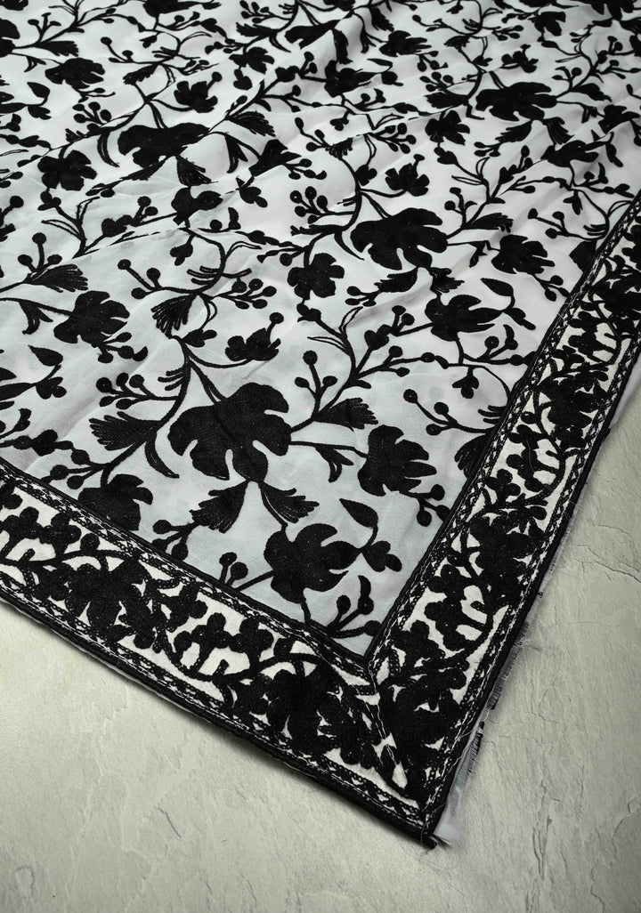 Half Jaal Kashmiri Aari  Floral Embroidered Saree in White Georgette