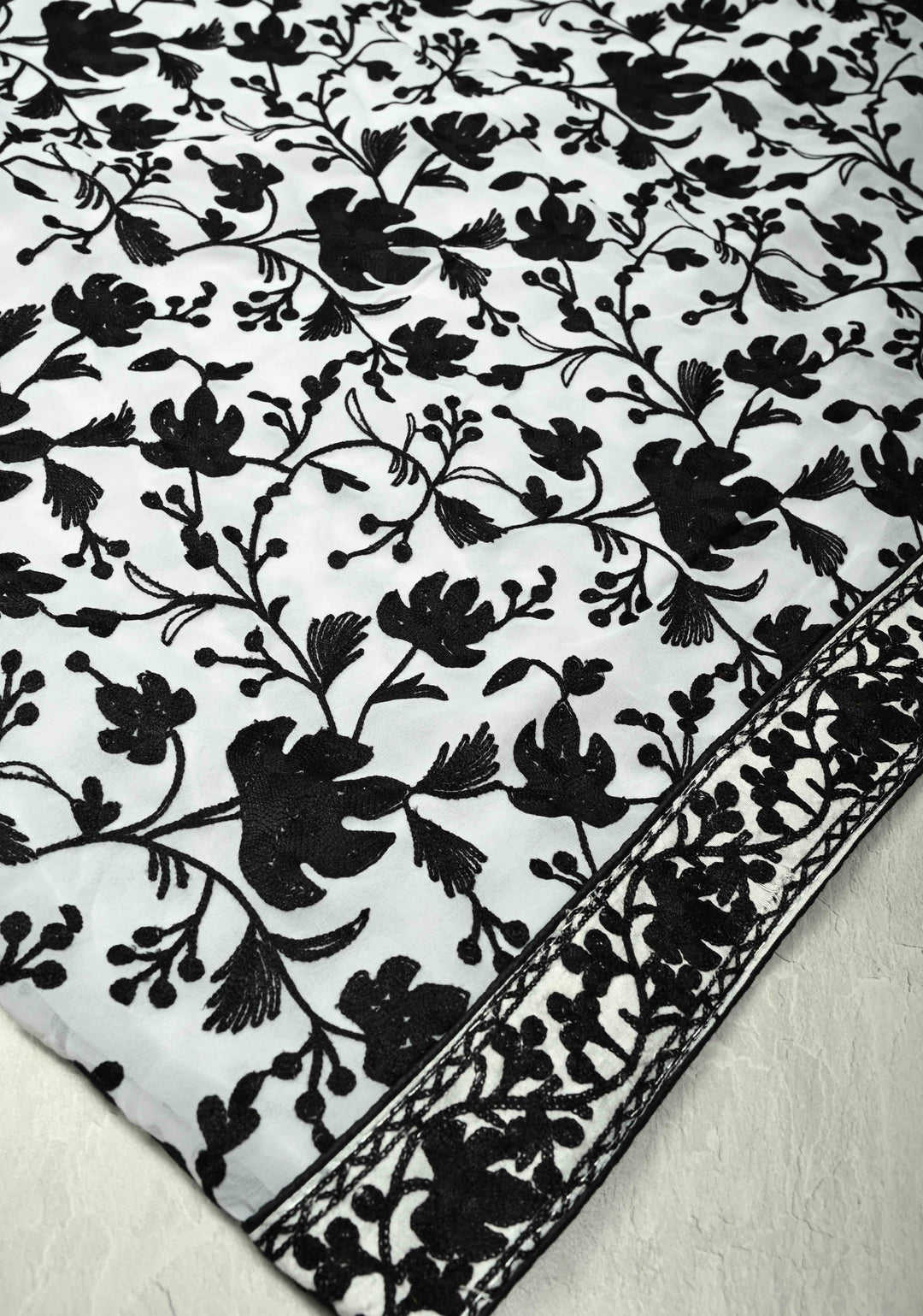 Half Jaal Kashmiri Aari  Floral Embroidered Saree in White Georgette