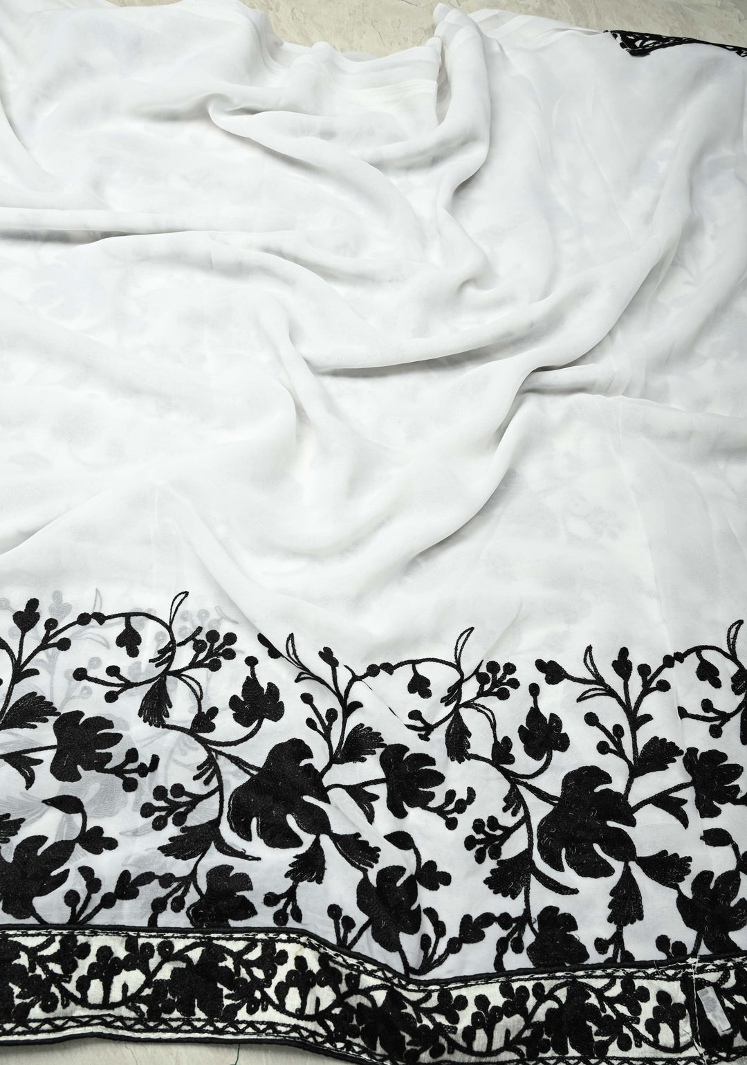 Half Jaal Kashmiri Aari  Floral Embroidered Saree in White Georgette