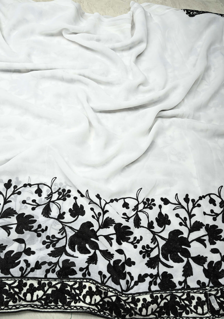 Half Jaal Kashmiri Aari  Floral Embroidered Saree in White Georgette