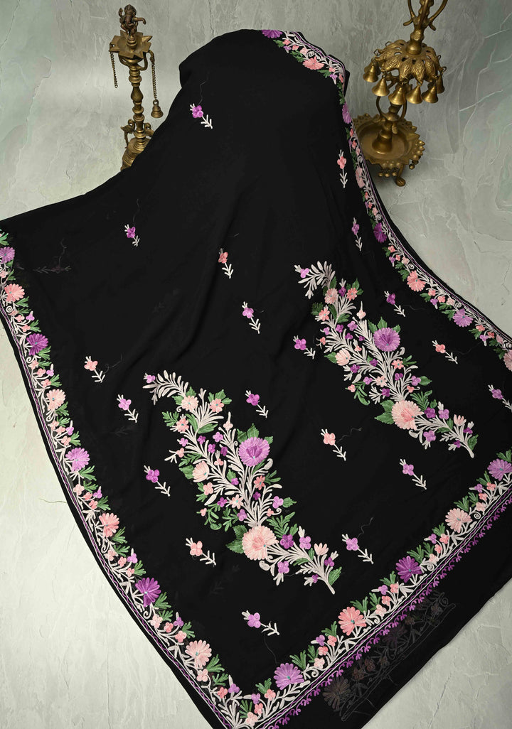 Black Kashmiri Aari Georgette Saree with Floral Embroidery | SHOBITAM