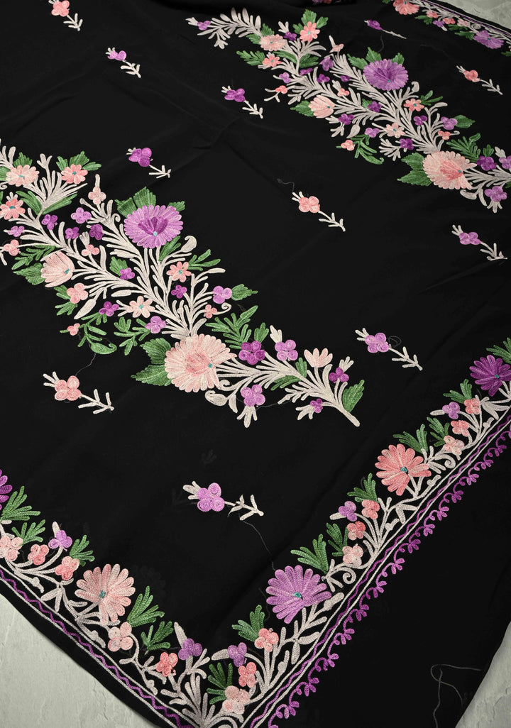 Black Kashmiri Aari Georgette Saree with Floral Embroidery | SHOBITAM