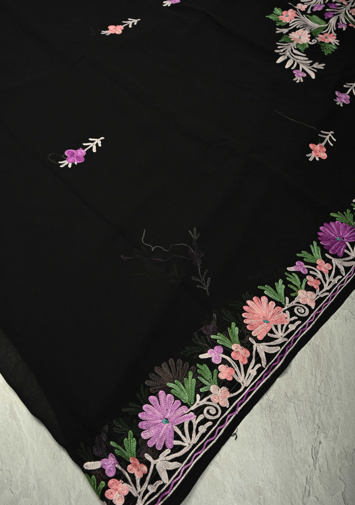 Black Kashmiri Aari Georgette Saree with Floral Embroidery | SHOBITAM