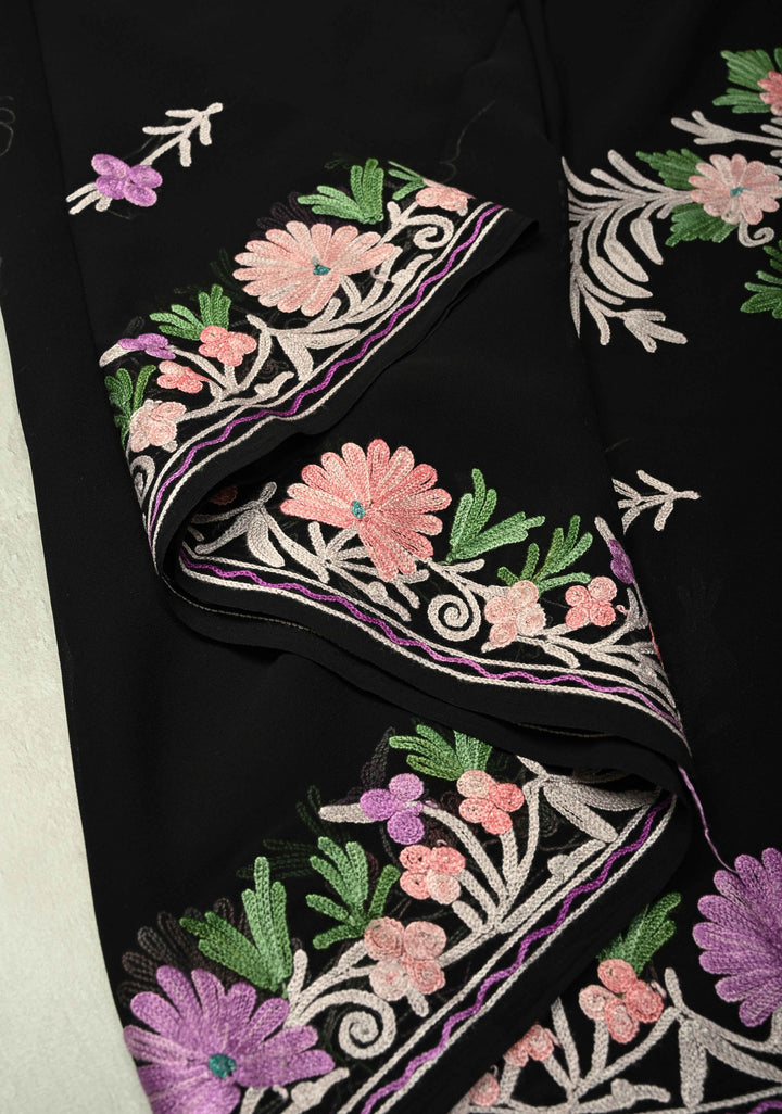 Black Kashmiri Aari Georgette Saree with Floral Embroidery | SHOBITAM