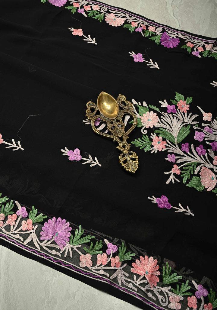 Black Kashmiri Aari Georgette Saree with Floral Embroidery | SHOBITAM