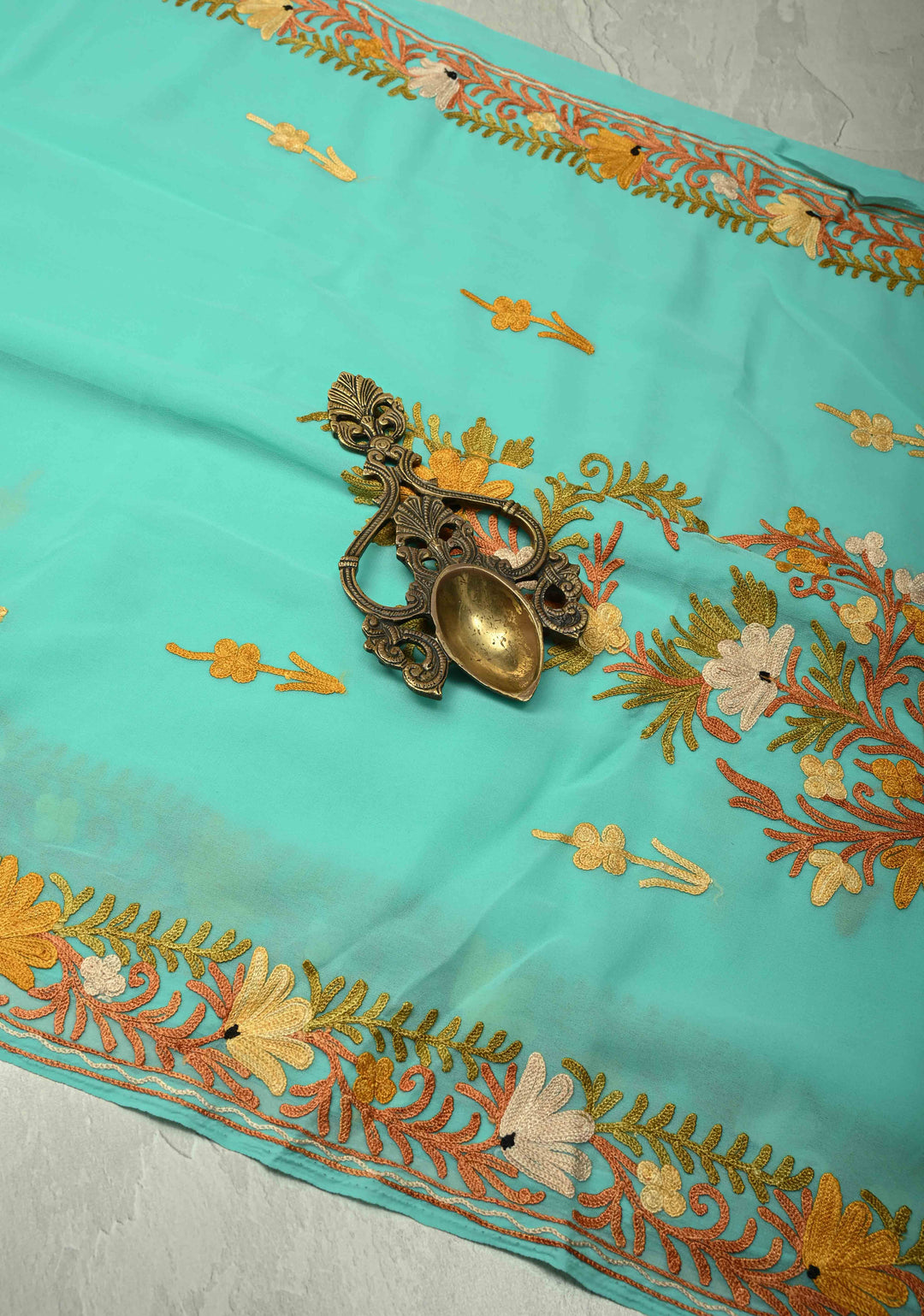 Spring Green Kashmiri Aari Georgette Saree with Floral Embroidery | SHOBITAM