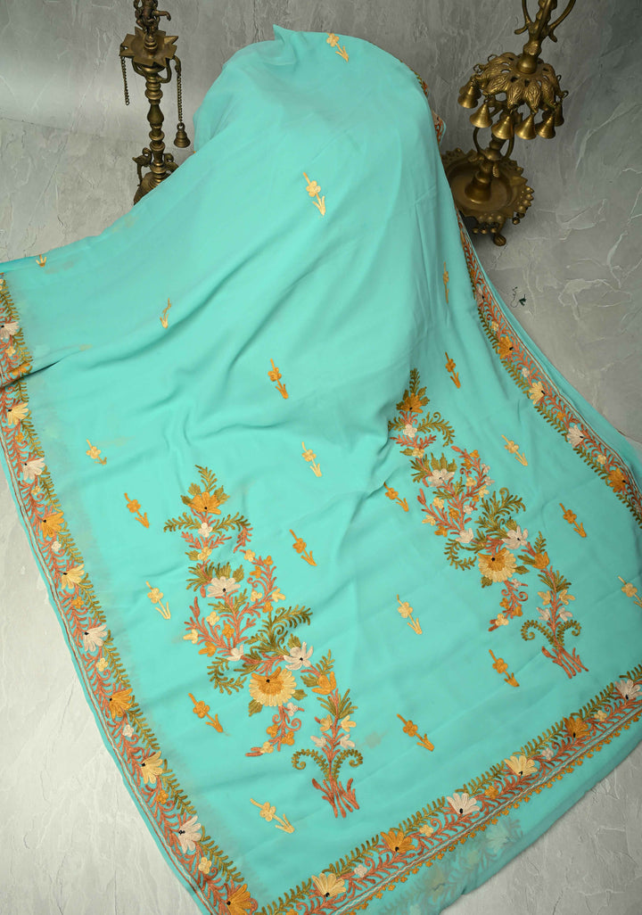 Spring Green Kashmiri Aari Georgette Saree with Floral Embroidery | SHOBITAM