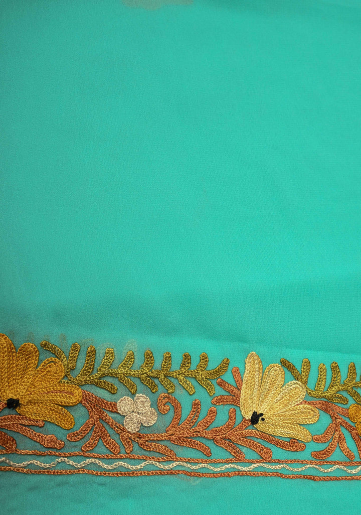 Spring Green Kashmiri Aari Georgette Saree with Floral Embroidery | SHOBITAM