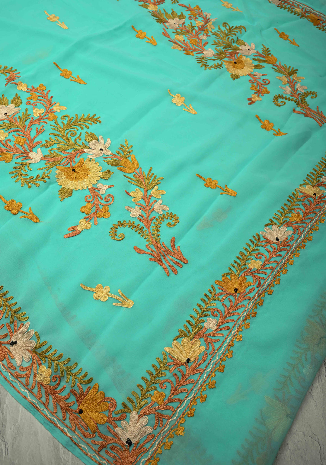 Spring Green Kashmiri Aari Georgette Saree with Floral Embroidery | SHOBITAM