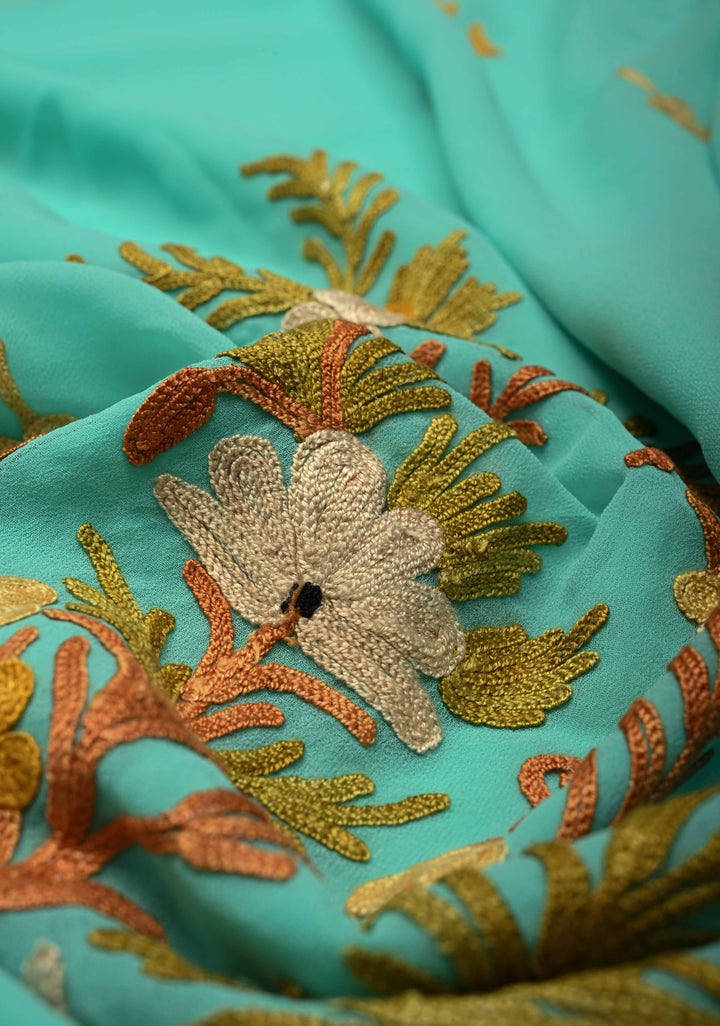 Spring Green Kashmiri Aari Georgette Saree with Floral Embroidery | SHOBITAM