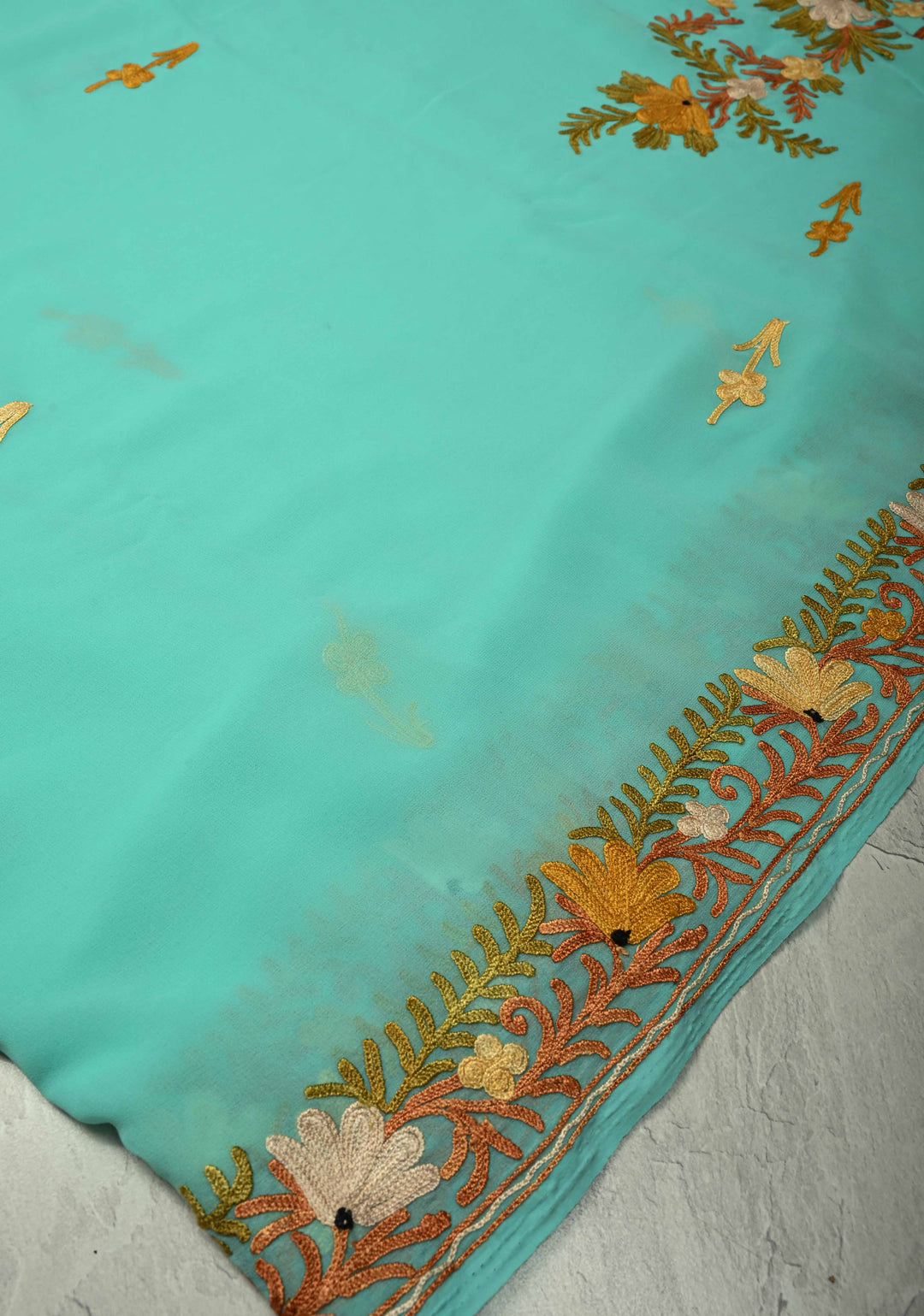 Spring Green Kashmiri Aari Georgette Saree with Floral Embroidery | SHOBITAM