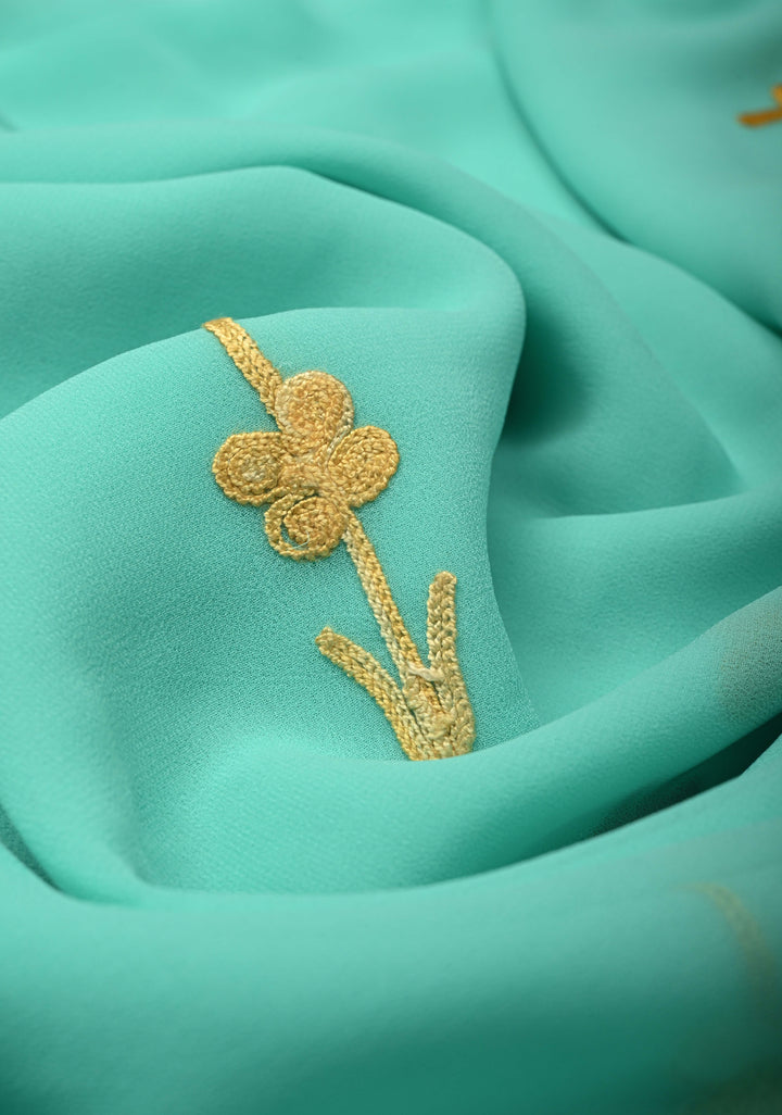 Spring Green Kashmiri Aari Georgette Saree with Floral Embroidery | SHOBITAM