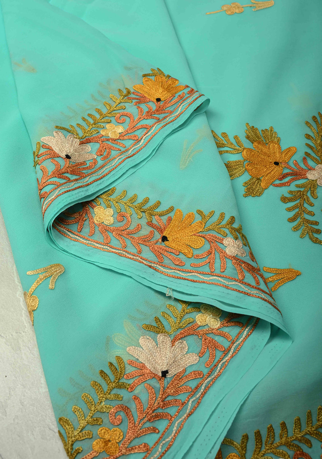 Spring Green Kashmiri Aari Georgette Saree with Floral Embroidery | SHOBITAM
