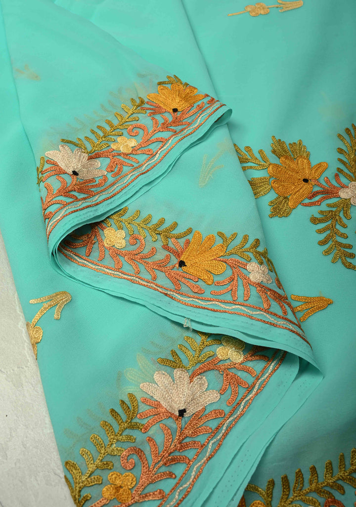 Spring Green Kashmiri Aari Georgette Saree with Floral Embroidery | SHOBITAM