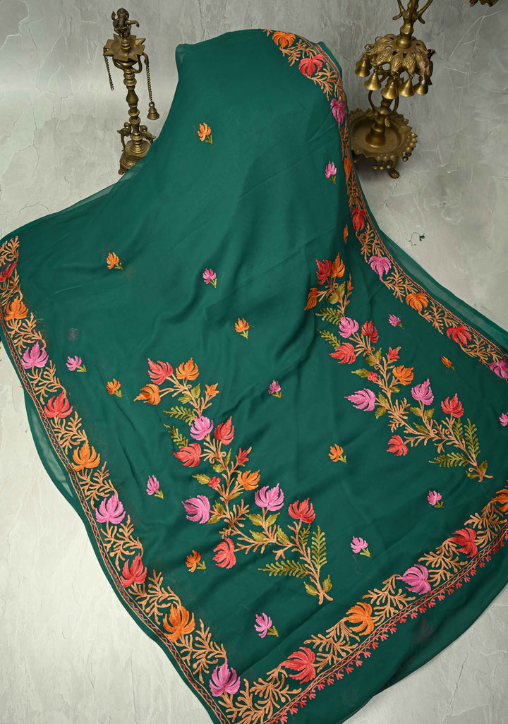 Forest Green Kashmiri Aari Georgette Saree with Floral Embroidery