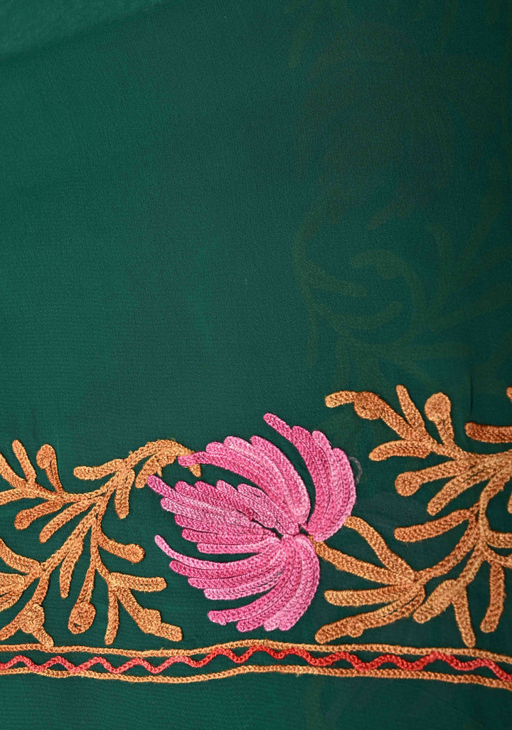 Forest Green Kashmiri Aari Georgette Saree with Floral Embroidery