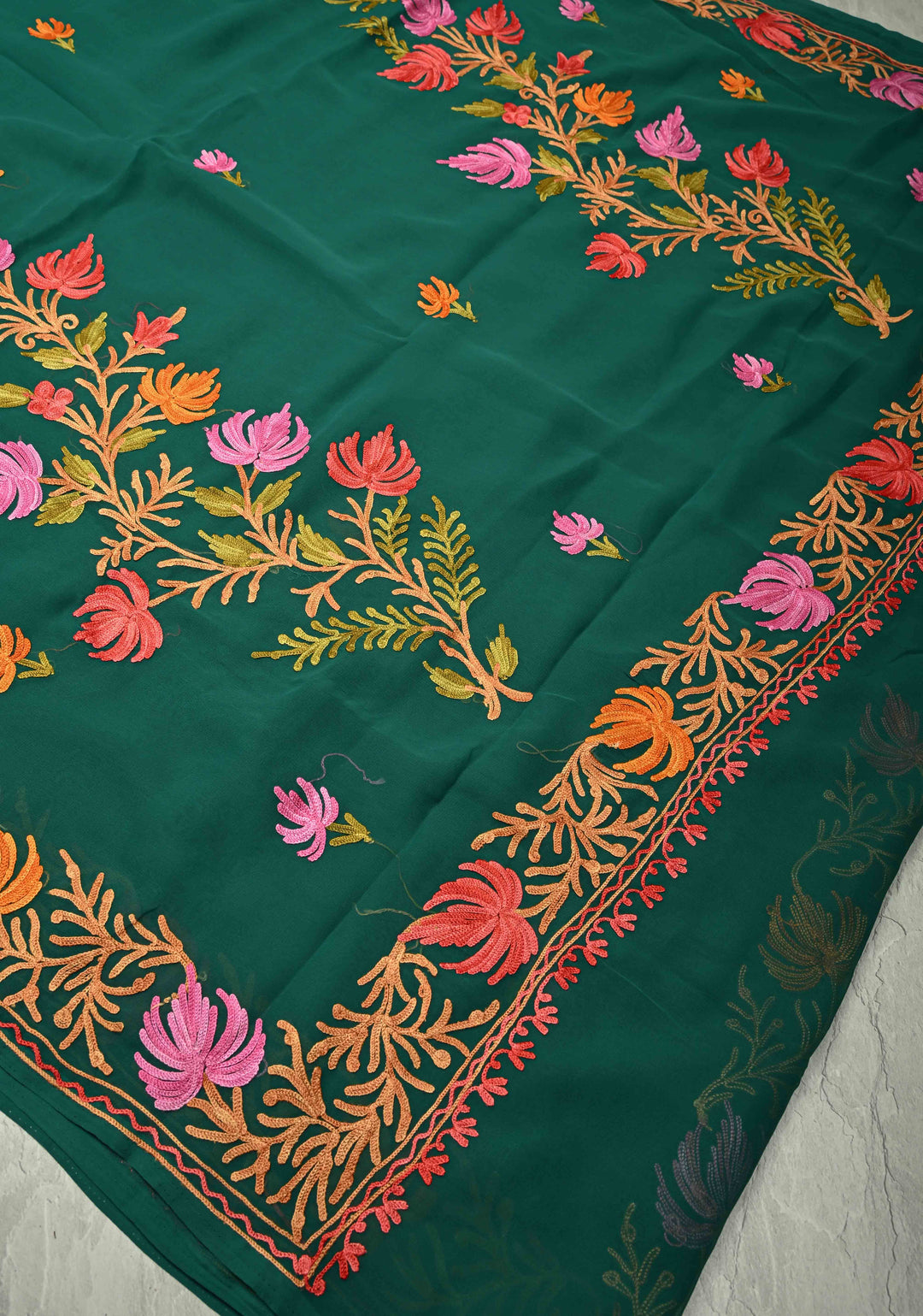 Forest Green Kashmiri Aari Georgette Saree with Floral Embroidery