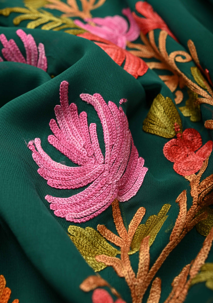 Forest Green Kashmiri Aari Georgette Saree with Floral Embroidery