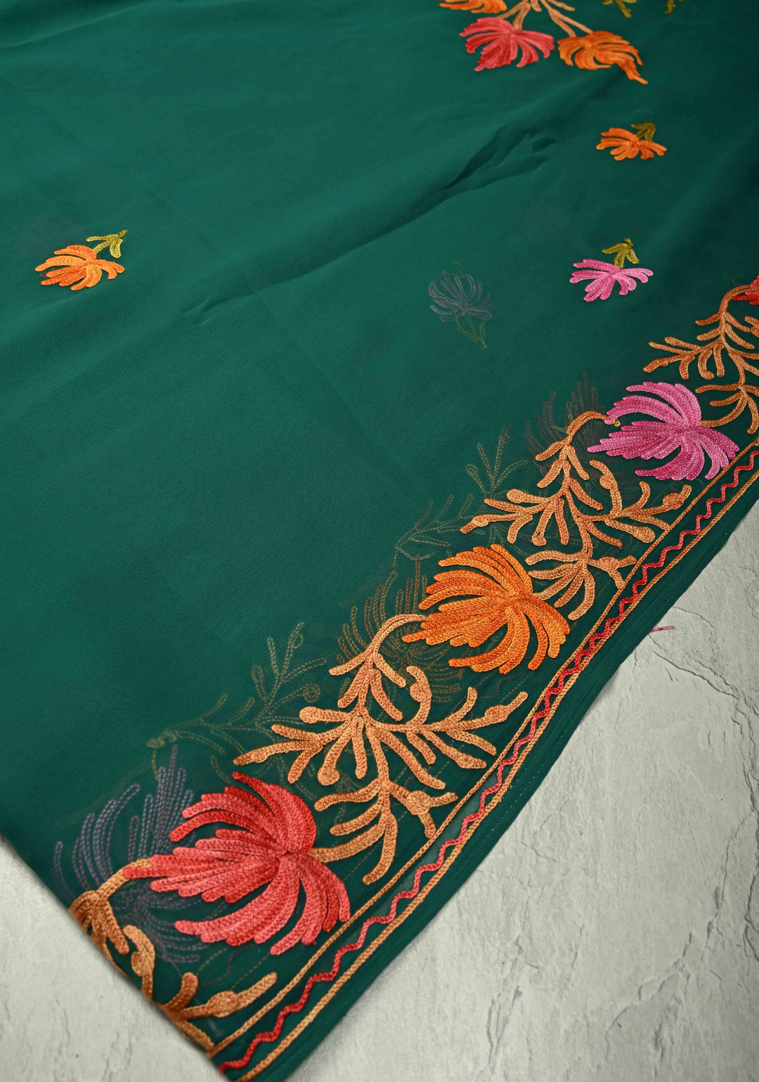 Forest Green Kashmiri Aari Georgette Saree with Floral Embroidery