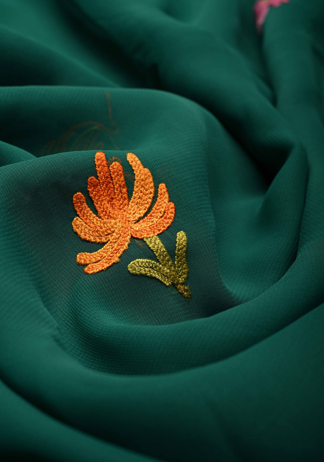 Forest Green Kashmiri Aari Georgette Saree with Floral Embroidery