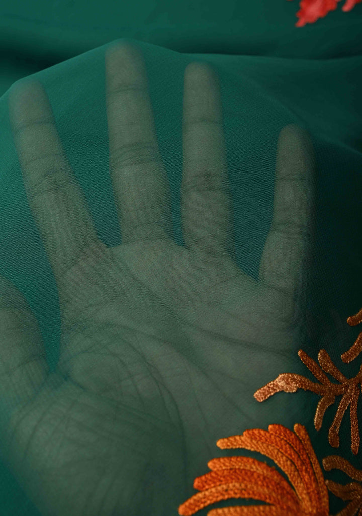 Forest Green Kashmiri Aari Georgette Saree with Floral Embroidery