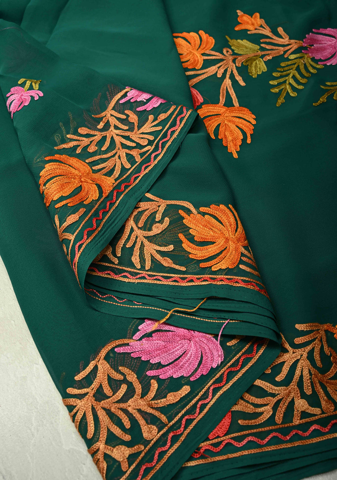 Forest Green Kashmiri Aari Georgette Saree with Floral Embroidery