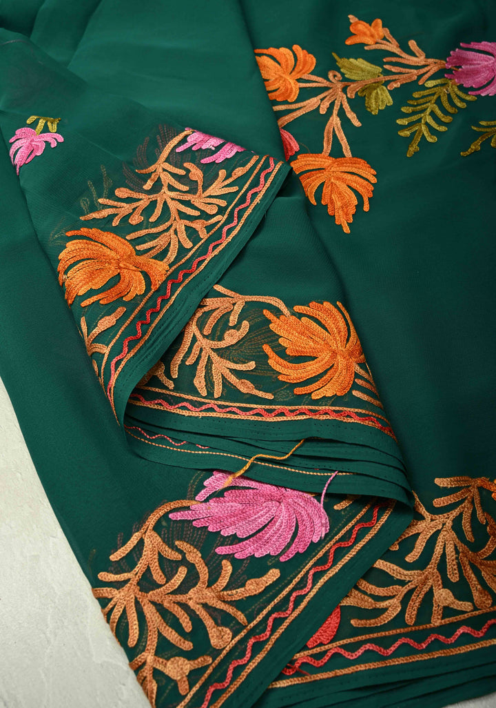 Forest Green Kashmiri Aari Georgette Saree with Floral Embroidery