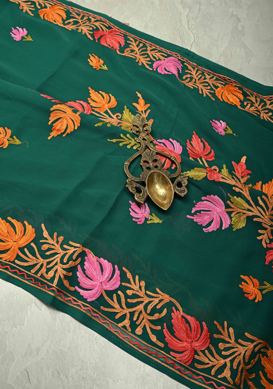 Forest Green Kashmiri Aari Georgette Saree with Floral Embroidery