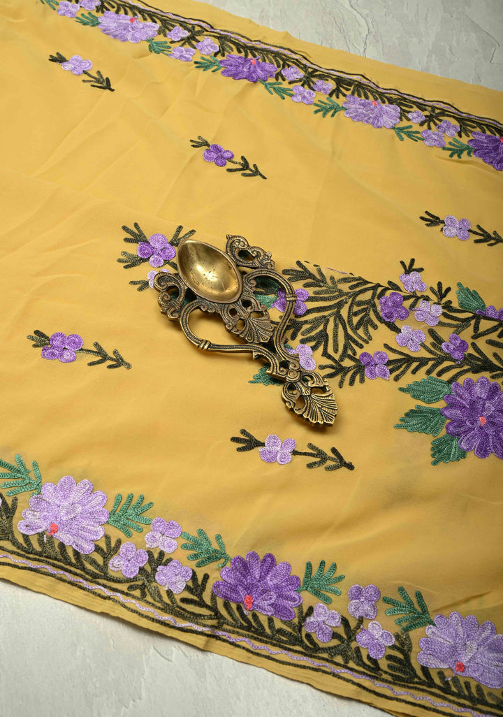 Yellow Kashmiri Aari Georgette Saree with Floral Embroidery | SHOBITAM