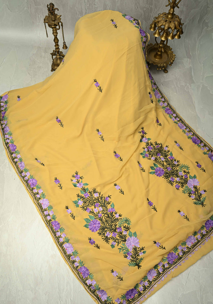 Yellow Kashmiri Aari Georgette Saree with Floral Embroidery | SHOBITAM