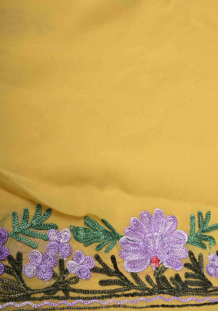 Yellow Kashmiri Aari Georgette Saree with Floral Embroidery | SHOBITAM