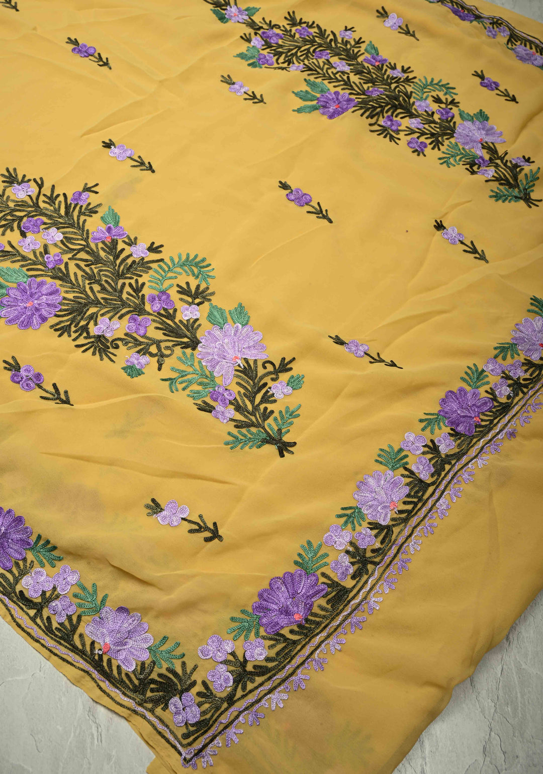Yellow Kashmiri Aari Georgette Saree with Floral Embroidery | SHOBITAM