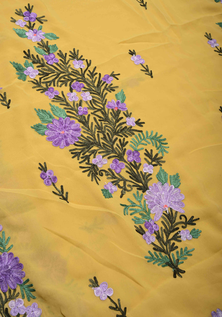 Yellow Kashmiri Aari Georgette Saree with Floral Embroidery | SHOBITAM