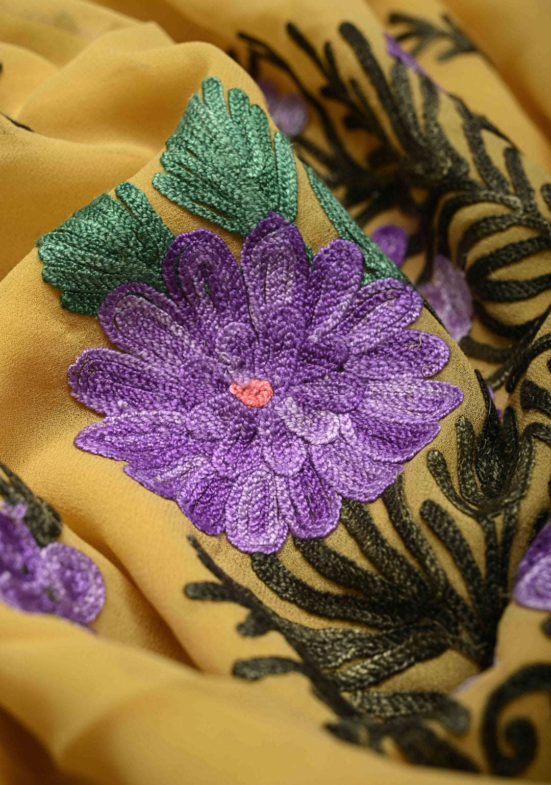 Yellow Kashmiri Aari Georgette Saree with Floral Embroidery | SHOBITAM