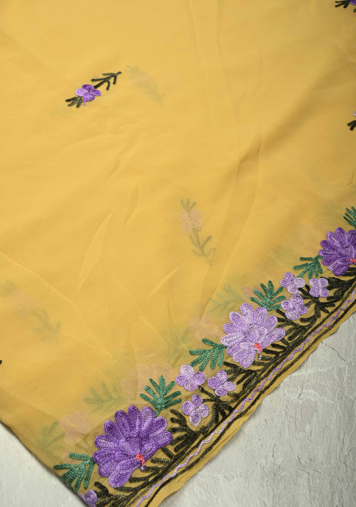 Yellow Kashmiri Aari Georgette Saree with Floral Embroidery | SHOBITAM