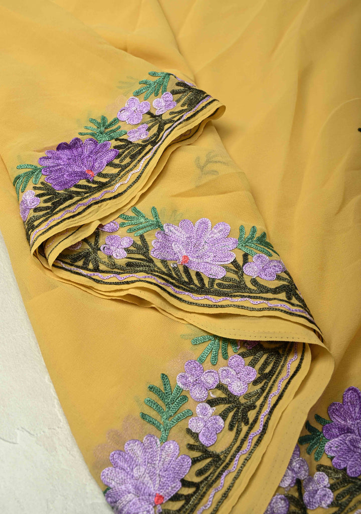 Yellow Kashmiri Aari Georgette Saree with Floral Embroidery | SHOBITAM